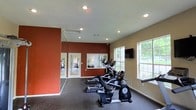 This fitness center offers a dedicated space for cardiovascular exercise and general workouts. The room features a bold terracotta-red accent wall that contrasts with the neutral beige walls, creating an energizing atmosphere. A row of cardio equipment, including ellipticals and a stationary bike, is arranged along the carpeted floor, providing ample space for users to exercise comfortably.

Recessed lighting in the textured white ceiling ensures the room is well-lit throughout, complemented by natural light streaming in through large multi-pane windows along one wall. These windows also offer pleasant views of surrounding greenery, enhancing the workout environment.

A wall-mounted flat-screen television is positioned for easy viewing from the cardio machines, adding an entertainment element to workout sessions. Full-length mirrors are installed along one wall, a practical feature that allows users to monitor their form during exercise and visually expand the space.

Glass-paneled doors provide access to an adjacent area, adding openness and connectivity to the layout. Overall, the fitness center combines functionality with a visually appealing design, making it a practical and inviting space for exercise.
