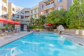 Located at 515 Lincoln Ave in San Jose's vibrant 95126 corridor, this outdoor amenity courtyard offers a well-appointed resort-style retreat set within a modern multi-story residential community. The centerpiece is a generously sized swimming pool with crystal-clear water, framed by a wide, tiled sun deck designed for relaxation and recreation. Surrounding the pool, rows of cushioned chaise lounges shaded by bold red umbrellas provide ample space for sunbathing and leisure.

The courtyard is thoughtfully landscaped with raised planters featuring ornamental grasses, palm trees, and mature deciduous trees that provide natural shade and a sense of privacy. Patterned tile work throughout the deck adds a sophisticated visual element to the outdoor space. Cozy wicker lounge seating with colorful accent cushions is tucked into quieter corners, creating intimate gathering spots.

A distinctive pool-adjacent entrance — framed by stone-clad columns and accented with decorative blue mosaic tile — leads to additional amenity spaces. The entire courtyard is embraced by the surrounding building's contemporary architecture, featuring clean lines, large windows, and private balconies that overlook the outdoor space below. Under California's abundant sunshine, this courtyard delivers an inviting, resort-caliber atmosphere for everyday outdoor living.