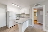 Located at 1040 Sandtown Rd SW in Marietta, Georgia, this single-floor, one-bedroom, two-bathroom unit offers a practical and well-organized layout. The kitchen is a standout feature, designed in a U-shape with crisp white cabinetry, speckled granite-style countertops, white appliances including a refrigerator and electric range, and a built-in sink. A peninsula extends from the kitchen, creating a natural divide between the cooking area and the living space, while wood-look flooring adds warmth and durability underfoot. The living area flows seamlessly from the kitchen and features neutral carpet, light gray walls, a textured ceiling, and a window that allows natural light to filter in. The bedroom is a comfortable, carpeted room with a window overlooking the outdoors, neutral tones, and access to a dedicated closet. The two bathrooms offer functional layouts — one featuring a vanity with white cabinetry and speckled countertop with an integrated sink and mirror, and the other a straightforward full bath with wood-look tile flooring. A hallway connects the main living areas to the private spaces, keeping the floor plan organized and efficient. The overall aesthetic is clean, neutral, and move-in ready.