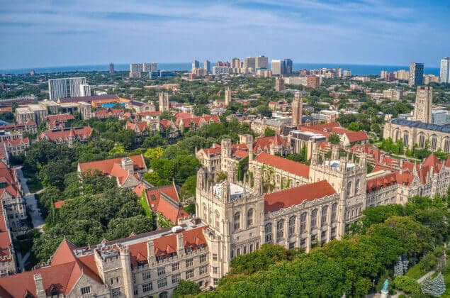An aerial view of the University of Chicago in Hyde Park