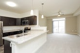 This single-floor unit is thoughtfully designed with a practical, open layout that connects the living and kitchen areas seamlessly. The kitchen serves as a central feature, outfitted with dark espresso-toned shaker-style cabinetry, light granite countertops, and a full suite of stainless steel appliances including a gas range, built-in microwave, and a full-size refrigerator. Tile flooring anchors the kitchen space, while pendant lighting above the breakfast bar adds a polished touch. A ceiling fan overhead in the living area complements the open-concept flow, and the space transitions smoothly into a generously sized carpeted living room with neutral warm-toned walls and recessed lighting.

The bedrooms are carpeted and feature ceiling fans with light fixtures, providing comfort and functionality. At least one bedroom includes a built-in closet with wire shelving systems for organized storage. The bathroom is finished with matching granite countertops, dark cabinetry, a large vanity mirror, and tile flooring, maintaining a consistent design language throughout the unit. Overall, the space presents a clean, modern aesthetic with cohesive finishes and a functional layout.