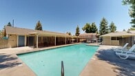 Located at 1180 Matmor Rd in Woodland, California, this outdoor community amenity space centers around a generously sized swimming pool that serves as the focal point of the area. The pool features clear, well-maintained water and is bordered by a wide concrete deck that provides ample room for movement and relaxation. A covered patio structure runs alongside one edge of the pool, supported by columns and enclosed with decorative iron fencing, offering a shaded retreat during warm Central Valley days. Outdoor seating, including tables, chairs, and lounge chairs, is arranged throughout the deck and covered area, making the space well-suited for both casual lounging and social gatherings. A small utility or pool house structure is positioned near the pool entrance, providing functional support for the area. The space is enclosed by iron fencing for security and privacy, with gated access points visible from multiple angles. Towering mature trees frame the perimeter, providing natural shade and a pleasant green backdrop against the clear blue California sky. The overall setting conveys a bright, open, and community-oriented atmosphere, well-maintained and designed for outdoor enjoyment in a residential setting.