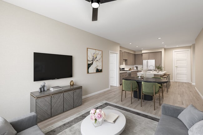 Contemporary Open Concept Kitchen and Living Area with Island Seating and Dining Nook - Hensley at The District