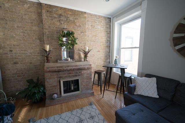 Exposed Brick Wall with Fireplace Feature - 2121 N Sheffield Ave