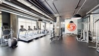 The Shelby Fitness Center in Alexandria, Virginia offers a generously sized, single-floor facility designed with an industrial-modern aesthetic. Exposed ductwork and concrete structural columns define the ceiling overhead, complemented by oversized pendant lighting and large windows that flood the space with natural light and outdoor views.

The main workout floor features rubber flooring throughout and is organized into distinct training zones. A row of treadmills and elliptical machines lines the window-facing wall, each equipped with individual monitors. Adjacent to the cardio area, a dedicated strength zone houses a multi-station cable machine, a power rack with weight storage, and a full dumbbell rack with a flat bench, positioned in front of floor-to-ceiling mirrors.

A separate functional training studio provides additional workout space, featuring a wall-mounted flat-screen television, a horizontal ladder rig suspended from the ceiling, resistance bands, medicine balls, and a variety of specialty training tools stored on racks along the wall. Large windows in this area offer views of the surrounding greenery.

The facility's branding is prominently displayed on a feature wall, reinforcing its identity. The overall ambiance is clean, open, and purposefully arranged to accommodate a wide range of fitness activities.