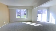 This 3-floor property offers a bright and airy living space characterized by clean, neutral interiors and generous natural light. The main living area showcases plush wall-to-wall carpeting and crisp white walls that create a calm, understated ambiance. A large picture window frames views of a lush green yard and surrounding trees, filling the room with natural light throughout the day. Adjacent to the window, a sliding glass door provides direct access to an outdoor area, seamlessly connecting the interior living space to the exterior. The vaulted or raised ceiling detail adds a sense of vertical dimension to the room, enhancing its open feel. The layout appears thoughtfully designed, with the living area serving as a welcoming central hub. The stepped ceiling detail near the entryway zone subtly defines different areas within the open floor plan. With three floors of living space, this property offers ample room for various living arrangements. The overall ambiance is clean, light-filled, and move-in ready, with a neutral palette that provides a versatile backdrop for a range of interior styles.