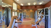 The fitness center at Breckenridge Court is a well-appointed, single-floor facility designed to support a comprehensive workout experience. The space features soaring ceilings that contribute to an open, airy atmosphere, enhanced by large arched windows that invite natural light and prevent the space from feeling closed in. The warm earth-toned walls — a combination of terracotta and sandy gold — create an energizing yet welcoming environment. The flooring is a durable, slip-resistant surface with a circular design detail at the center, adding a visual anchor to the room. A large ceiling fan overhead ensures proper air circulation throughout. The facility is equipped with multiple strength training machines, including cable and weight machines thoughtfully arranged to maximize usable floor space and allow for safe movement between stations. Full-length mirrors along the walls extend the visual depth of the room while enabling proper form checks during exercise. Recessed and overhead lighting supplements the natural light, ensuring the space remains well-lit at all hours. Multiple doors provide easy access and ventilation. The overall design balances functionality with comfort, making this fitness center a practical and inviting amenity for residents of Breckenridge Court.