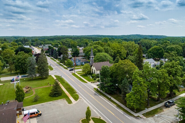 Aerial view of Livingston Road in Downtown Highland looking east toward Milford Road.