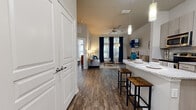 Located at 2650 Dade Ave in Orlando, FL, this one-bedroom, one-bathroom residence offers a thoughtfully designed open-concept layout that maximizes every square foot. Rich wood-style flooring flows seamlessly throughout the main living areas, creating a warm and cohesive aesthetic.

The kitchen is a standout feature, showcasing light flat-panel cabinetry, a subway tile backsplash, granite countertops, stainless steel appliances, and a curved breakfast bar island with bar seating — ideal for casual dining or entertaining. Pendant lighting above the island adds a polished finishing touch.

The living room is bright and inviting, benefiting from large windows dressed with floor-length drapes that allow natural light to fill the space. A ceiling fan overhead adds comfort, while the open sightlines from the kitchen create a connected, airy feel.

The bedroom is a comfortable retreat with tall windows offering natural light and a generous walk-in closet equipped with wire shelving for ample storage. The full bathroom features tile flooring, a vanity with storage, a large mirror, and a soaking tub with shower combination. The neutral palette and clean finishes throughout give the entire residence a modern, move-in-ready appeal.