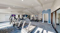 Located at 3131 Mountain Creek Road in Chattanooga, Tennessee, this single-floor fitness center offers a generously sized, thoughtfully designed workout facility. The space is defined by striking vaulted ceilings with exposed white beams and abundant recessed lighting, creating a bright and energizing atmosphere throughout.

The main workout area is anchored by a row of True-brand treadmills and is complemented by a variety of cardio equipment, including elliptical trainers, stationary bikes, and a rowing machine. A dedicated free weights and functional training zone features a wall-mounted dumbbell and medicine ball rack, stability balls, and kettlebells, providing options for diverse training routines. Flat-screen televisions are mounted at multiple points throughout the space to keep members entertained during workouts.

A glass-walled studio room, framed by sleek black-trimmed partitions, offers a semi-private area suitable for stretching, yoga, or personal training sessions. The bold blue accent walls add a modern, energetic design element that contrasts cleanly with the white ceilings and light gray walls. Patterned blue-toned carpeting runs throughout, contributing both comfort and contemporary style.

Natural light filters in through several windows, and a small service counter with storage is positioned near the rear of the space. The overall layout is open and efficient, supporting a full range of fitness activities in a clean, modern environment.