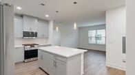 Located at 300 Main Street in Madison, NJ, this thoughtfully designed two-bedroom, two-bathroom residence offers a bright and contemporary living experience across a single floor. The open-concept kitchen and living area serves as the heart of the home, anchored by a generous central island with crisp white quartz countertops. The kitchen is outfitted with soft gray shaker-style cabinetry, brushed nickel hardware, a herringbone tile backsplash, stainless steel appliances including a gas range and refrigerator, and elegant pendant lighting that adds a refined touch. Light wood-tone flooring runs seamlessly throughout, enhancing the clean, modern aesthetic. The living area receives natural light through large windows with views of the surrounding neighborhood. Both bedrooms are well-proportioned, featuring the same warm hardwood-style flooring, neutral walls, and windows that bring in natural light. The primary bathroom is particularly noteworthy, showcasing a double-sink vanity with quartz countertops, gold-toned hardware, large-format gray tile flooring, a frameless glass walk-in shower, and an expansive mirror. A dedicated closet provides added storage convenience. The overall ambiance is fresh, clean, and move-in ready, reflecting a modern design sensibility throughout.