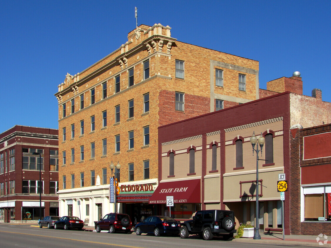 View from the southwest across South Main Street - El Dorado Arms Apartments