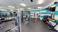 This fitness center is a spacious, single-floor facility designed to support a comprehensive workout experience. The interior is immediately distinguished by its bold teal and white horizontal striped walls, which lend the space a vibrant, energetic aesthetic. The flooring throughout is durable dark rubber, ideal for heavy equipment use and providing both safety and sound absorption.

The space is generously equipped with a wide variety of Flight Fitness strength machines, including cable systems, chest press, leg extension, and multi-function units. A dedicated free weights area features a full rack of dumbbells and a selection of kettlebells, while a medicine ball rack offers additional functional training options. Workout benches are positioned throughout to complement the strength equipment.

Large windows along one wall allow abundant natural light to fill the space, enhancing the open and airy atmosphere. Ceiling fans are installed throughout to promote air circulation. Fluorescent overhead lighting ensures consistent illumination across all areas. A full-length mirror wall expands the visual depth of the room and aids users in monitoring their form. Glass panel doors provide access to an adjacent outdoor area, further contributing to the bright and open feel of the facility.