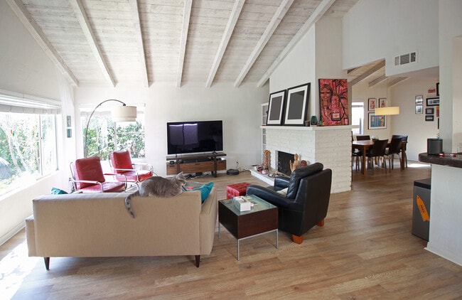 Spacious Living Room with High Vaulted Wood Beam Ceiling - 431 Carnation Ave
