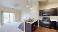 Located at 804 Stone Park Ln in Woodland Park, Colorado, this one-bedroom, one-bathroom residence offers a thoughtfully designed single-floor layout. The open-concept living and kitchen area is immediately striking thanks to soaring vaulted ceilings that lend an airy, expansive feel well beyond the unit's compact footprint. The kitchen is anchored by a peninsula island with a double-basin sink and pendant lighting overhead, complemented by rich dark espresso cabinetry, light countertops, hardwood-style flooring, and a full suite of black appliances including a range, built-in microwave, and refrigerator. A ceiling fan and sliding glass door lead to a private outdoor balcony, bringing in natural light and views of the surrounding Colorado landscape. The bedroom is a comfortable, carpeted retreat with a ceiling fan, a large window overlooking the greenery outside, and convenient closet access via the hallway. The bathroom features a dark wood vanity with a single sink, light countertop, a tub/shower combination, and hardwood-style flooring. A dedicated hallway connects the main living spaces to the bedroom and bathroom, completing the efficient and functional floor plan of this Woodland Park residence.