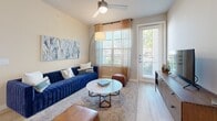 Located in Richmond, TX, this 2-bedroom, 2-bathroom residence offers a modern and cohesive design throughout its single-floor layout. Light wood-style flooring flows seamlessly across all rooms, creating a bright and consistent aesthetic.

The kitchen is a standout feature, equipped with stainless steel appliances, granite countertops, two-tone gray and white cabinetry, and a central island with pendant lighting and bar seating — ideal for both cooking and casual dining.

The living room offers generous natural light through large windows with sheer draping, a ceiling fan, and direct access to an outdoor area via a glass door, enhancing the sense of openness.

The primary bedroom is a comfortable retreat featuring multiple windows, a ceiling fan, and its own dedicated closet with dual hanging rods and built-in shelving. The en-suite bathroom includes a granite-topped vanity with gray cabinetry, a large mirror, and a tiled soaking tub/shower combination.

The second bedroom is equally well-lit, with wide windows and its own closet. The second bathroom mirrors the primary's finishes with a granite vanity and a tub/shower combination.

Both closets are outfitted with multi-tiered hanging rods and shelving, maximizing storage. The overall design balances contemporary style with practical functionality throughout.