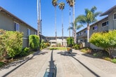 Located on Ayala Drive in Sunnyvale, California, this residential complex offers a thoughtfully designed outdoor environment characterized by a spacious central courtyard that serves as the heart of the community. Towering palm trees line the grounds, creating a distinctly California ambiance under bright, open skies. The buildings feature a classic board-and-batten exterior in a neutral gray tone, complemented by white slatted balcony railings that add architectural texture and charm to the facade.

The landscaping throughout the property is carefully maintained, with a rich variety of shrubs, flowering plants, ornamental grasses, and tropical foliage bordering the walkways. Manicured lawns provide open green space between buildings, while decorative river rock accents and large terracotta planters add visual interest to the common areas. Seating benches are positioned along the central pathway, offering residents convenient spots to enjoy the outdoors.

Each building level features private balconies with views of the lush courtyard, providing residents with personal outdoor space. A pergola-style seating area is visible at the far end of the courtyard, offering a shaded communal gathering space. The aggregate concrete walkways connect the buildings seamlessly, creating an organized and accessible layout throughout the complex.