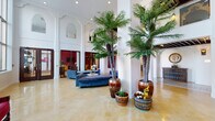This expansive, single-level lobby showcases a distinctive Moorish-inspired architectural design characterized by soaring double-height ceilings, white structural columns, and arched mirror accents along the upper walls. The floors are finished in warm golden hexagonal and scalloped tiles that extend throughout the entire space, lending cohesion and an elegant, Mediterranean feel.

The main seating area is anchored by curvaceous blue velvet sofas and a gold-framed circular coffee table, creating an inviting lounge environment. Tall indoor palm trees planted in richly glazed ceramic vessels add a dramatic, tropical element that complements the grandeur of the ceiling height. A mezzanine-level balcony with dark wood railings overlooks the main floor, adding architectural depth.

In a quieter corner, two deep crimson wingback chairs flank a petite side table beneath large floor-to-ceiling windows, which flood the area with natural light and offer views of the surrounding streetscape. Decorative ceramic urns and curated floral arrangements contribute refined detail throughout.

Colorful abstract artwork mounted on the tall white walls adds a contemporary contrast to the classical architectural framework. Wall-mounted sconces provide warm accent lighting, completing the sophisticated, layered ambiance of this striking communal space.