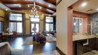 This sophisticated single-floor space makes a strong first impression with its grand, open layout and carefully considered design details. The centerpiece of the main lounge area is a dramatic coffered ceiling adorned with rich, dark wood beams and dual chandeliers that cast a warm, inviting glow throughout the room. Dark hardwood flooring anchors the space while complementing the warm earth tones found in the walls and furnishings.

Floor-to-ceiling windows with elegant drapery line the perimeter, flooding the interior with natural light and creating an airy, expansive atmosphere. The lounge area is thoughtfully appointed with comfortable seating, including plush upholstered chairs and sofas arranged around a central coffee table atop a classic area rug, making the space ideal for gathering and conversation.

Architectural interest is provided through the use of textured accent walls and defined room dividers, which create a sense of distinct zones without sacrificing the open feel. Adjacent to the main lounge, a counter area with granite surfaces and custom cabinetry is visible, suggesting a service or reception function. Recessed lighting and pendant fixtures provide additional layers of illumination throughout, enhancing the warm, welcoming ambiance of this well-appointed communal space.