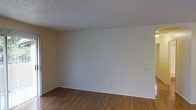 This single-floor space presents a straightforward and functional layout with a clean, neutral aesthetic throughout. The main living area features warm-toned hardwood-style flooring that adds a sense of warmth and continuity underfoot, complementing the soft, off-white walls that create a bright and open atmosphere. The textured popcorn ceiling adds a classic touch overhead, while standard electrical outlets are conveniently positioned along the walls. The space is presented in a vacant, move-in-ready condition, allowing prospective occupants a clear view of the room's dimensions and potential. The simple, unadorned interior provides a versatile canvas for a variety of furnishing and décor styles. Overall, the space offers a practical and welcoming environment with an emphasis on clean lines and functional design.