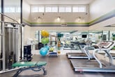 Located at 12703 Jones Road in Houston, TX, this fitness center is a fully appointed exercise facility designed to support a wide range of workout routines. The space features soaring ceilings with clerestory windows positioned near the roofline, allowing abundant natural light to flood the room and create an open, energizing atmosphere. A bold striped accent band in green, blue, and gray runs along the upper walls, lending the space a vibrant, modern aesthetic.

The facility is thoughtfully equipped with a variety of cardio machines, including Matrix and Star Trac treadmills, elliptical trainers, and a recumbent bike. A dumbbell rack with a full range of free weights and an adjustable workout bench provide strength training options, while a multi-station cable machine supports functional and resistance exercises. Exercise balls in multiple sizes are neatly organized on a dedicated rack for flexibility and core training.

Full-length wall mirrors amplify the sense of space and allow users to monitor their form throughout their workout. Large windows along the perimeter frame views of the outdoor pool area and surrounding landscaping, connecting the interior to the outdoors. A wall-mounted television adds convenience for entertainment during cardio sessions. French doors provide direct access to the pool area, enhancing the facility's integration with the broader amenity spaces.