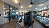 This well-appointed fitness center is designed to support a comprehensive workout experience across multiple dedicated training zones. The main floor is expansive, with high ceilings, large floor-to-ceiling windows that flood the space with natural light, and views of the surrounding streetscape and palm tree-lined exterior. Ceiling fans and recessed linear lighting keep the environment comfortable and well-lit throughout.

The cardio zone is lined with a full row of treadmills, ellipticals, and stair climbers, all positioned alongside mirrored walls that visually expand the space. A separate area is dedicated to strength training, featuring a comprehensive selection of free weights, dumbbells, weight benches, and cable resistance machines arranged for easy access. The functional training zone offers a variety of equipment including medicine balls, stability balls, battle ropes, a punching bag, and a training zone rack with assorted accessories.

A glass-partitioned room provides a more intimate studio-style workout space visible from the main floor. The facility also includes a refreshment and hydration station accented by a striking textured mosaic tile feature wall, complemented by framed contemporary artwork. Durable rubber flooring runs throughout, providing safety and practicality. The overall aesthetic is modern and polished, combining dark tones, teal accent walls, and clean architectural lines.