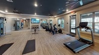 This fitness center offers a comprehensive workout environment within a single-level layout designed for both functionality and comfort. The space features warm wood-look flooring throughout, contrasted by a striking dark-painted tray ceiling with recessed lighting and multiple large ceiling fans that promote air circulation and maintain a comfortable atmosphere during workouts.

The cardio zone is anchored by a row of treadmills and upright bikes, positioned alongside floor-to-ceiling mirrors that visually expand the space. A large wall-mounted television screen provides entertainment and interactive fitness content. Natural light filters in through windows along one wall, with direct access to an outdoor area via a glass door.

The functional training area features a multi-station cable machine, exercise mats laid out on the open floor, and a wall-mounted pad for additional training options. A tiered stability ball rack holds balls of varying sizes, while a set of dumbbells on a dedicated rack supports free weight training. Open shelving along one wall adds organizational storage. Together, these elements create a well-rounded fitness environment suited for cardio, strength, and flexibility training.