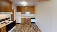 This single-floor residential unit offers a practical and well-organized layout across several distinct living areas. The kitchen is equipped with warm wood cabinetry, a double-basin sink, a dishwasher, a refrigerator, and a range, all set over durable stone-patterned tile flooring with ample overhead lighting. The living room is generously sized, featuring soft carpeting, wood-paneled accent walls, and a sliding glass door that opens to a private outdoor patio with views of a green, landscaped yard — bringing in an abundance of natural light. The bedrooms are comfortable and well-proportioned, each with plush carpeting, baseboard heating, and windows fitted with blinds that overlook the outdoors. Storage is well-addressed, with multiple closets including a spacious walk-in closet visible in one of the bedrooms. A hallway with louvered closet doors provides additional storage. The full bathroom includes a single-sink vanity with mirror, a tiled tub and shower surround, and a classic mosaic tile floor. Throughout the unit, textured ceilings and warm wood trim create a cohesive, understated aesthetic. The space is currently vacant, making it easy to envision a variety of furnishing arrangements.