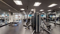 This fitness center offers a comprehensive, professionally designed workout facility spread across a single floor. The space is organized into distinct functional zones, each catering to different training needs. The main floor is finished with durable dark rubber flooring throughout, providing a clean and practical surface for all activities.

The cardio zone features a row of treadmills and elliptical trainers positioned along a windowed wall, with a wall-mounted television overhead for entertainment during workouts. Adjacent to this area, a selection of stationary cycling bikes occupies its own open section of the floor.

The strength training area is well-appointed with a full lineup of Matrix cable and resistance machines, along with a comprehensive dumbbell rack displaying a wide range of weights, paired with adjustable benches. Mirrored walls expand the visual depth of the space and support proper form during exercise.

A glass-walled enclosed studio room provides a dedicated space for flexibility training, yoga, or small group workouts, outfitted with stability balls and additional accessories. Vibrant botanical artwork decorates the teal-accented glass partition, adding a pop of color to the otherwise neutral palette.

The facility is brightly illuminated by recessed panel lighting set within a drop ceiling, creating an evenly lit environment. Entry is through a set of glass double doors, with clear sightlines across the entire floor plan ensuring an open and accessible atmosphere throughout.