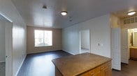 This single-floor space is thoughtfully designed with an open-concept layout that promotes a sense of connectivity between living areas. The kitchen is anchored by a wooden island with a warm-toned countertop and cabinetry beneath, offering both workspace and storage. Dark hardwood flooring extends throughout the main living area, providing a rich contrast against the neutral beige walls and white trim.

The living area benefits from natural light streaming through a large window, which overlooks a lightly wooded exterior view. A textured popcorn ceiling with a centrally mounted flush light fixture provides functional overhead illumination. The transition between the kitchen and living space is seamless, enhancing the open feel of the floor plan.

A doorway visible from the main area leads to an adjoining room finished with lighter carpet flooring, suggesting a bedroom or additional living space. The overall ambiance is clean, understated, and functional, with a neutral color palette that provides a versatile backdrop. The layout is well-suited for everyday living, with practical finishes and a straightforward, accessible design throughout.