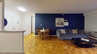 Located at 185 Freeman St in Brookline, MA, this single-floor residence offers a well-appointed layout with a cohesive design throughout. The open living and dining area is a standout space, featuring warm parquet hardwood flooring and a bold navy blue accent wall that adds a striking visual element. The living area is thoughtfully arranged with seating, a media console, and access to a window overlooking the exterior. A compact dining area with a round table and wooden chairs sits adjacent, creating a seamless flow between spaces.

The kitchen is outfitted with dark espresso cabinetry, granite countertops, stainless steel appliances including a gas range and built-in microwave, and a tile backsplash — offering both style and functionality. The bedrooms each carry their own character: one features a deep navy accent wall with parquet flooring and dual nightstands, another showcases a geometric patterned accent wall with a bifold closet, and a third presents a bright, neutral palette with natural light from large windows.

Two bathrooms serve the residence, both finished with white tile flooring and clean white fixtures, one featuring a full bathtub and shower combination. The overall ambiance is modern yet comfortable, with consistent parquet flooring tying the living spaces together.