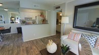 This single-story residence offers an open-concept floor plan that seamlessly connects the living area to the kitchen, creating a cohesive and functional living environment. The living space features warm wood-look flooring that extends throughout, complementing the neutral gray-toned walls and providing a clean, modern aesthetic.

The kitchen is positioned adjacent to the living area and is separated by a peninsula counter with a dark countertop, offering both a casual dining surface and a natural visual boundary between spaces. White cabinetry lines the kitchen walls, paired with white appliances, contributing to a bright and tidy appearance. A textured ceiling adds subtle architectural character to the space.

Visible beyond the main living area is a hallway leading to additional rooms, including what appears to be a bathroom with matching white cabinetry and light finishes, maintaining a consistent design language throughout. The layout is efficiently organized, allowing natural sightlines across the space. Overall, the residence presents a functional and well-coordinated interior with consistent finishes and a welcoming, casual ambiance suited for everyday living.