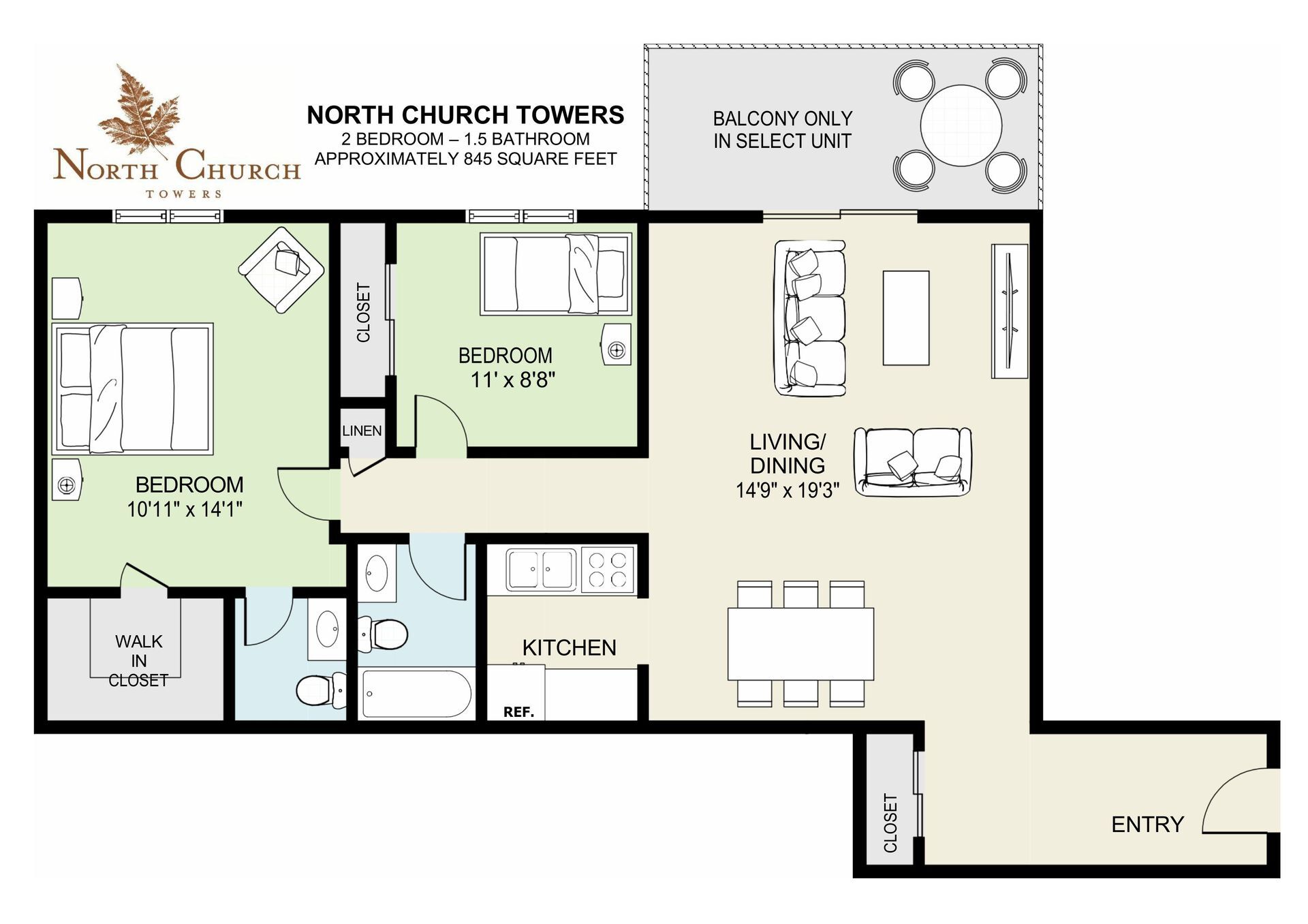 North Church Towers Apartments – 2BR.1.5BA.845SF (balcony)