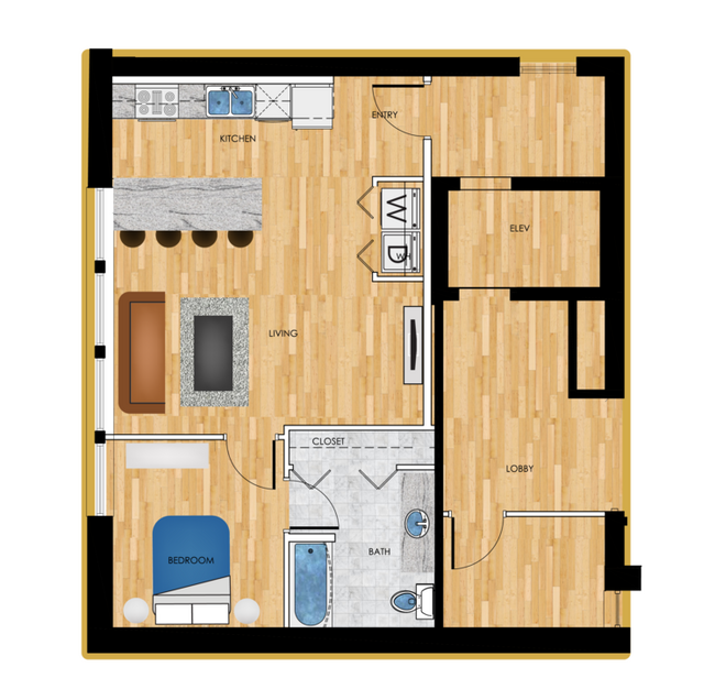 Phase Two 1-Bedroom 588-sqft Floorplan E - West Campus Lofts