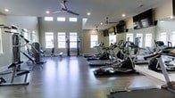 This fitness center is a thoughtfully designed, single-floor facility built to accommodate a full range of workout needs. The space features high ceilings with clerestory windows positioned near the roofline, allowing natural light to flood the interior while maintaining privacy. Multiple standard windows along the walls further brighten the room, creating an open and energizing atmosphere.

The cardio section is equipped with a row of treadmills and elliptical machines, each positioned in front of wall-mounted flat-screen televisions for an engaging workout experience. A large mirror spans one wall, visually expanding the space and allowing users to monitor their form during exercise. The strength training area includes a cable cross machine, a weight bench, and a dumbbell rack, offering versatile options for resistance training.

Underfoot, smooth hardwood-style flooring provides a clean, durable surface suitable for a variety of exercises. Ceiling fans are strategically placed throughout the room to maintain comfortable airflow during workouts. Recessed lighting complements the natural light, ensuring the space remains well-lit at all hours. The overall ambiance is modern, clean, and functional, making this fitness center a practical and inviting environment for users of all fitness levels.