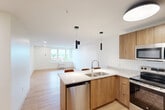Located at 302 W Sixth St in the heart of downtown Chattanooga, TN, this thoughtfully designed 2-bedroom, 2-bathroom residence offers a clean, modern aesthetic across a single level. The open-concept kitchen and living area serves as the centerpiece of the home, where warm wood-toned cabinetry pairs with granite countertops and a functional island with a stainless steel sink. Stainless steel appliances—including a range, microwave, and full-size refrigerator—complete the well-equipped kitchen. Sleek pendant lighting accents the island, while recessed lighting brightens the living area, which flows naturally to a window with outdoor views. Light hardwood flooring extends throughout the entire residence, creating a cohesive and airy atmosphere. Both bedrooms are comfortably scaled, each featuring large windows that invite natural light and offer views of the surrounding Chattanooga cityscape and greenery. The bedrooms are equipped with individual climate control units and dedicated closets. The two bathrooms are finished with granite-topped vanities and warm wood cabinetry; one features a tub-shower combination with clean white tile surround, while the other offers a streamlined vanity with a framed mirror. The overall design is bright, minimal, and move-in ready.