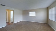 This single-floor space presents a straightforward and functional layout. The main room is finished with wall-to-wall beige carpeting that adds a sense of warmth underfoot, while the neutral-toned walls provide a clean, versatile backdrop suitable for a variety of furnishing styles. The textured ceiling adds a subtle architectural detail consistent throughout the space.

A single window fitted with horizontal blinds allows natural light to filter into the room, brightening the interior while offering privacy control. White baseboards run along the perimeter of the walls, providing a crisp contrast to the carpeted floors.

Visible through an open doorway to one side, an adjacent room or hallway is partially visible, suggesting a connected layout. The overall ambiance of the space is simple and understated, offering a blank canvas that is easy to personalize. The single-floor design ensures convenient, step-free accessibility throughout.