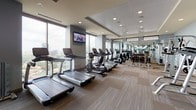 Located in Dallas, TX, this well-appointed fitness center offers a comprehensive workout environment designed to meet a wide range of exercise needs. The space is organized across a single level and is divided into distinct zones for cardio training, strength equipment, and group cycling.

The cardio area is a standout feature, lined with floor-to-ceiling windows that flood the space with natural light and offer sweeping elevated views of the Dallas cityscape. Treadmills, ellipticals, stair climbers, and stationary bikes are neatly arranged along the window line, each equipped with individual entertainment screens. Wall-mounted televisions provide additional viewing options throughout.

A dedicated strength training zone features a full rack of free weights, a Smith machine, cable machines, and a weight bench, all set against soft blue-grey walls and carpeted flooring. Full-length mirrors expand the sense of space and allow for form monitoring during workouts.

A separate cycling studio accommodates multiple spin bikes and includes medicine balls, kettlebells, and a wall-mounted display screen, making it ideal for both individual and group training sessions. The entry area features soft blue walls and provides access to restroom facilities. Recessed lighting throughout ensures a bright, focused atmosphere suited to high-performance training.