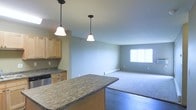 This single-floor space offers a well-designed open-concept layout that combines the kitchen and living area into one cohesive, functional environment. The kitchen is appointed with rich granite countertops, light maple cabinetry, and stainless steel appliances, providing both style and practicality. A central island with a matching granite surface serves as a natural dividing point between the kitchen and the rest of the space, offering additional workspace and a casual gathering spot. Two pendant lights with classic bell-shaped shades hang above, casting warm, focused light over the island and adding a touch of character to the design. The transition from the kitchen's hardwood-style flooring to the plush carpeting of the living area creates a comfortable and inviting atmosphere. The living space is open and generously proportioned, with neutral gray walls that lend a calm, versatile backdrop. A large window on the far wall allows natural light to fill the room, enhancing the airy feel of the space. A baseboard heating unit runs along the wall, ensuring year-round comfort. Overall, the space balances modern finishes with a warm, livable ambiance.