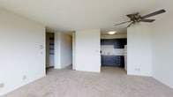 This single-floor residential unit offers a practical and functional layout designed to maximize the use of space. The main living area features wall-to-wall neutral carpeting, creating a warm and comfortable atmosphere throughout. A ceiling fan is installed overhead, providing both ventilation and a subtle design element to the room.

The kitchen is neatly tucked into an alcove and is equipped with dark navy cabinetry — both upper and lower units — paired with a white refrigerator and a stainless steel sink. The dark cabinetry provides a striking contrast against the white walls, giving the kitchen a clean, defined look. Overhead lighting ensures the kitchen area is well-illuminated.

Adjacent to the living space, the unit includes built-in closet storage with louvered doors, offering organized storage solutions. A secondary closet or storage area is also visible, featuring shelving, making it ideal for linens, pantry items, or additional belongings.

The overall design is straightforward and clean, with white walls throughout that help reflect light and maintain a bright, open feel. The efficient floor plan makes excellent use of every corner, providing a comfortable and well-organized living environment suitable for everyday living.