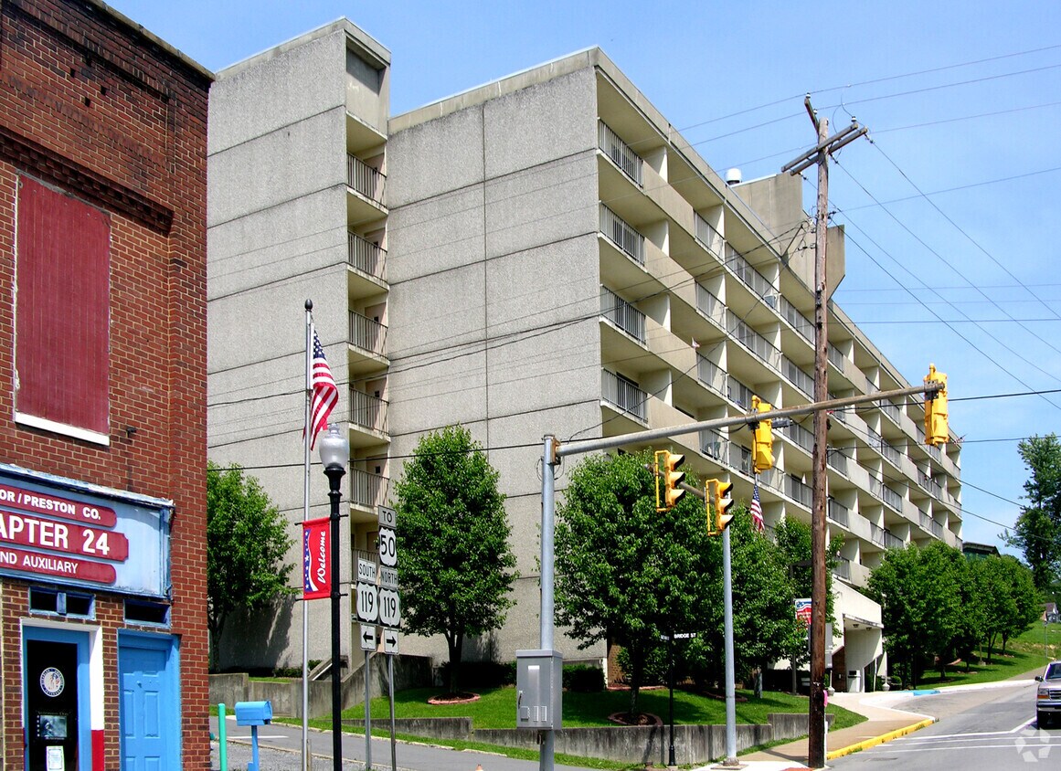 From across East Main Street to the southeast - Elizabeth Cather Towers