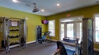 This fitness center offers a practical and energizing workout environment designed to accommodate a range of exercise needs. The space is defined by bold chartreuse-green walls that create a vibrant, motivating atmosphere, contrasted by clean white trim and baseboards throughout. The room is equipped with a selection of strength training machines, including a cable machine and a multi-function weight bench, as well as cardio equipment such as a rowing machine. A wall-mounted flat-screen television provides entertainment during workouts, while a ceiling fan with a built-in light fixture ensures comfortable air circulation. Natural light flows generously into the space through multiple windows and a set of glass-paneled double doors, which also offer direct access to an outdoor area. The dark, durable carpeted flooring provides a stable surface for equipment and movement. Recessed lighting supplements the natural light for well-lit workouts at any time of day. The single-floor layout ensures easy accessibility, and the open arrangement of equipment allows users to move freely between stations. Overall, this fitness center strikes a balance between functionality and an energetic aesthetic.