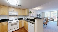 Located at 4720 Rosedale Ave in Bethesda, MD, this one-bedroom, one-bathroom residence offers a well-organized layout across a single floor. The open-concept living and kitchen area serves as the heart of the home, where a peninsula with dark granite countertops separates the kitchen from the carpeted living room. The kitchen features light wood cabinetry, matching dark granite counters, a stainless steel sink, and a dishwasher. The spacious living room is bathed in natural light through a large floor-to-ceiling sliding glass door dressed with vertical blinds, opening to a private balcony with views of the surrounding neighborhood. The bedroom is a comfortable, well-proportioned retreat featuring plush carpeting, a large window overlooking greenery, and a mirrored sliding closet door that enhances the sense of space. A hallway connects the main living areas to the bedroom and bathroom. The full bathroom is finished with beige floor tile, a tub-shower combination surrounded by coordinating tile, a warm wood vanity with ample storage, and a large mirror with overhead lighting. Neutral tones and textured ceilings throughout give the space a clean, classic feel.