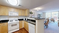 Located at 4720 Rosedale Ave in Bethesda, MD, this one-bedroom, one-bathroom residence offers a well-organized layout across a single floor. The open-concept living and kitchen area serves as the heart of the home, where a peninsula with dark granite countertops separates the kitchen from the carpeted living room. The kitchen features light wood cabinetry, matching dark granite counters, a stainless steel sink, and a dishwasher. The spacious living room is bathed in natural light through a large floor-to-ceiling sliding glass door dressed with vertical blinds, opening to a private balcony with views of the surrounding neighborhood. The bedroom is a comfortable, well-proportioned retreat featuring plush carpeting, a large window overlooking greenery, and a mirrored sliding closet door that enhances the sense of space. A hallway connects the main living areas to the bedroom and bathroom. The full bathroom is finished with beige floor tile, a tub-shower combination surrounded by coordinating tile, a warm wood vanity with ample storage, and a large mirror with overhead lighting. Neutral tones and textured ceilings throughout give the space a clean, classic feel.