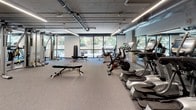 This fitness center is a comprehensively outfitted facility designed to support a wide range of training disciplines. The space features an open-plan layout with a neutral, low-pile carpet flooring throughout, providing a clean and functional foundation for both cardio and strength activities. An exposed ceiling with industrial-style ductwork and linear LED lighting gives the facility a modern, utilitarian aesthetic, while large floor-to-ceiling windows along one wall flood the interior with natural light and offer views of the surrounding greenery outdoors.

The cardio zone is well-stocked with elliptical trainers, stationary bikes, spin bikes, and treadmills, all arranged to maximize space and usability. Mirrored walls extend the visual depth of the room and support form-checking during workouts. A dedicated strength training area features a variety of selectorized machines, including cable systems by Hoist, as well as adjustable benches and a dumbbell rack with a full range of free weights. Functional training equipment including TRX suspension trainers and medicine balls are also present. A separate area with rubberized flooring accommodates heavier strength training with power racks and additional machines. Built-in shelving and storage further support the organization of accessories and equipment throughout the space.