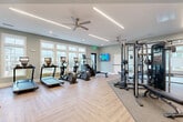 Located at 680 SC-160 in Fort Mill, South Carolina, this fitness center offers a thoughtfully designed exercise space spread across a single floor. The room is finished with stylish herringbone-patterned hardwood flooring in the cardio zone, transitioning to durable rubber flooring in the strength training area, providing both aesthetic appeal and functional performance underfoot.

Large, multi-pane windows line the walls, flooding the space with natural light and offering views of the surrounding community. Ceiling fans and recessed linear LED lighting complement the bright, airy atmosphere, keeping the environment comfortable during workouts.

The cardio section is well-stocked with treadmills, elliptical trainers, a stair climber, and a rowing machine, each equipped with personal display screens. A wall-mounted flat-screen television provides additional entertainment for users during their sessions.

The strength training area features a dedicated free weights section with a full dumbbell rack, a cable and functional trainer system, a bench press station, and additional resistance equipment — all reflected by a floor-to-ceiling mirror wall that enhances the sense of space. Glass-panel doors connect seamlessly to adjacent community amenities, making this fitness center an integrated and accessible hub for residents of the Fort Mill community.