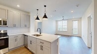 Located at 95 Plum Nelly Cir in Nashville, TN, this well-appointed two-bedroom, two-bathroom residence offers a thoughtfully designed single-floor layout. The open-concept kitchen and living area serves as the heart of the home, featuring warm wood-look flooring, recessed lighting, and stylish black pendant lights. The kitchen is outfitted with gray shaker-style cabinetry, stainless steel appliances including a French door refrigerator, electric range, and microwave, complemented by a quartz-topped island with an undermount sink. The living room benefits from natural light streaming through large windows, a ceiling fan, and direct access to a private outdoor area. Both bedrooms are carpeted for comfort, with the generously sized primary bedroom offering ample space. The two bathrooms are finished with quartz countertops and wood-look tile flooring; one features a glass-enclosed walk-in shower with white subway tile, while the other includes a full soaking tub. Two closets provide well-organized storage with wire shelving systems. A dedicated laundry area adds everyday convenience. Clean neutral tones and modern hardware throughout create a cohesive, contemporary aesthetic.