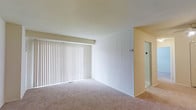This single-floor space presents a straightforward and functional layout designed to maximize usability. The main living area is finished with wall-to-wall neutral-toned carpet, creating a warm and understated foundation throughout the room. A prominent feature of this space is the large sliding glass door fitted with vertical blinds, which spans a significant portion of one wall, allowing for generous natural light while offering privacy control. The smooth, white walls and clean ceiling contribute to a bright, open atmosphere.

A partial wall divider subtly defines the living area, and a hallway is visible beyond, suggesting additional rooms within the unit. The hallway leads to what appears to be a secondary space, possibly a bathroom or utility area, indicated by the tile flooring glimpsed in the background. A thermostat or control panel is mounted on the wall near the hallway entrance, adding to the functional nature of the space.

Overall, the space maintains a neutral, clean aesthetic with minimal architectural detailing, making it a versatile canvas well-suited for a variety of interior arrangements and personal styles.
