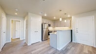This single-floor unit offers a clean, contemporary design characterized by a neutral color palette, light-toned luxury vinyl plank flooring, and recessed lighting throughout. The open-concept kitchen serves as the centerpiece of the space, showcasing granite countertops with a striking veined pattern, white and light gray cabinetry with under-cabinet lighting, and a full suite of stainless steel appliances including a refrigerator, range, microwave, and dishwasher. A peninsula with pendant lighting extends the counter space and provides a natural division between the kitchen and the adjoining living area, making it ideal for both meal preparation and casual dining. The living area is generously proportioned, benefiting from a ceiling fan with a brushed brass fixture and a window fitted with blinds that allows natural light to filter in. A double-door closet provides convenient storage just off the main living space. Additional rooms maintain the same light, airy aesthetic with neutral walls, consistent flooring, and ample wall space. The overall ambiance of the unit is bright, clean, and move-in ready, with modern finishes that lend a polished, cohesive feel across every room.