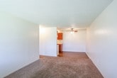 This single-floor unit is designed with a functional, straightforward layout that maximizes usable space throughout. The living area serves as the central gathering space, featuring warm neutral-toned carpeting, light-colored walls, and a textured ceiling. A front entry door with an arched transom window allows natural light to filter in, while an adjacent window with blinds further brightens the room. A wall-mounted heating unit provides climate control. The living area flows openly toward the kitchen, which is separated by a partial wall and counter pass-through. The galley-style kitchen is well-equipped, featuring warm wood-toned cabinetry on both sides, light countertops with ample prep space, a double-basin sink, a white electric range, and a full-size refrigerator. Wood-look flooring runs throughout the kitchen, adding warmth and visual continuity. A ceiling fan with a light fixture illuminates the adjacent dining area. The bedroom is a comfortably sized, carpeted room with a window fitted with blinds for natural light and privacy. The full bathroom is neatly appointed with a wood-toned vanity, white countertop, a combined tub and shower unit, and wood-look flooring, maintaining a clean, cohesive aesthetic throughout the unit.